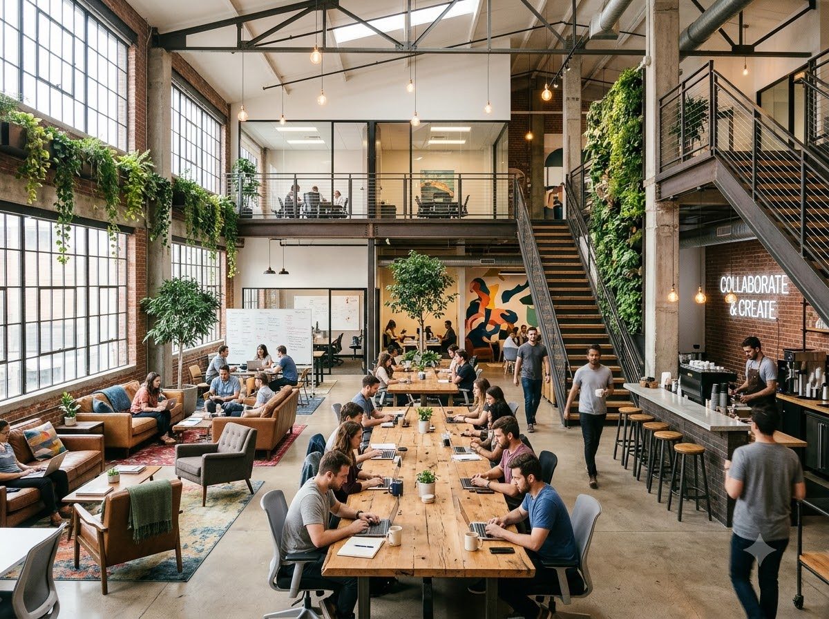 Open-plan office with a long shared desk, lounge seating and a coffee bar